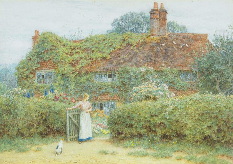 Old Surrey cottage by Helen Allingham, Victorian style, depicting a cottage surrounded by lush greenery.