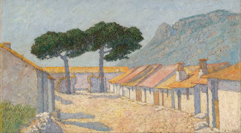 Pine Trees óleo sobre lienzo de Mališa Glišić, con verdes profundos y luz dorada filtrándose a través del follaje.