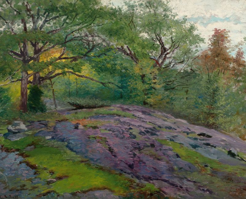 Spring Landscape de George Albert Frost, óleo sobre tela que retrata folhagem vibrante e luz.