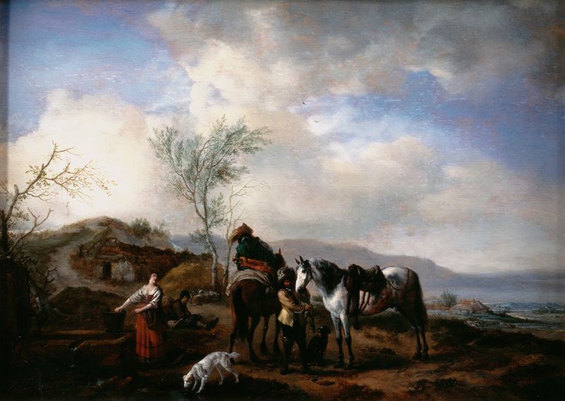 Dois cavaleiros perto de uma fonte em uma pintura a óleo de Philips Wouwerman