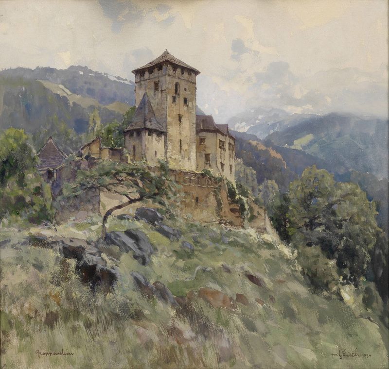 Burg Groppenstein bei Overvellach de Fritz Lach, óleo sobre tela representando um castelo ao crepúsculo