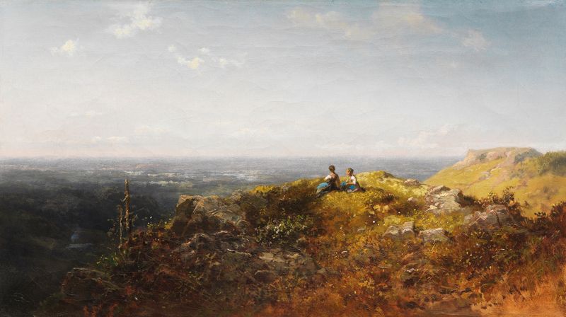 Genre scene of two women in dirndls in an alpine landscape, oil painting by Carl Spitzweg