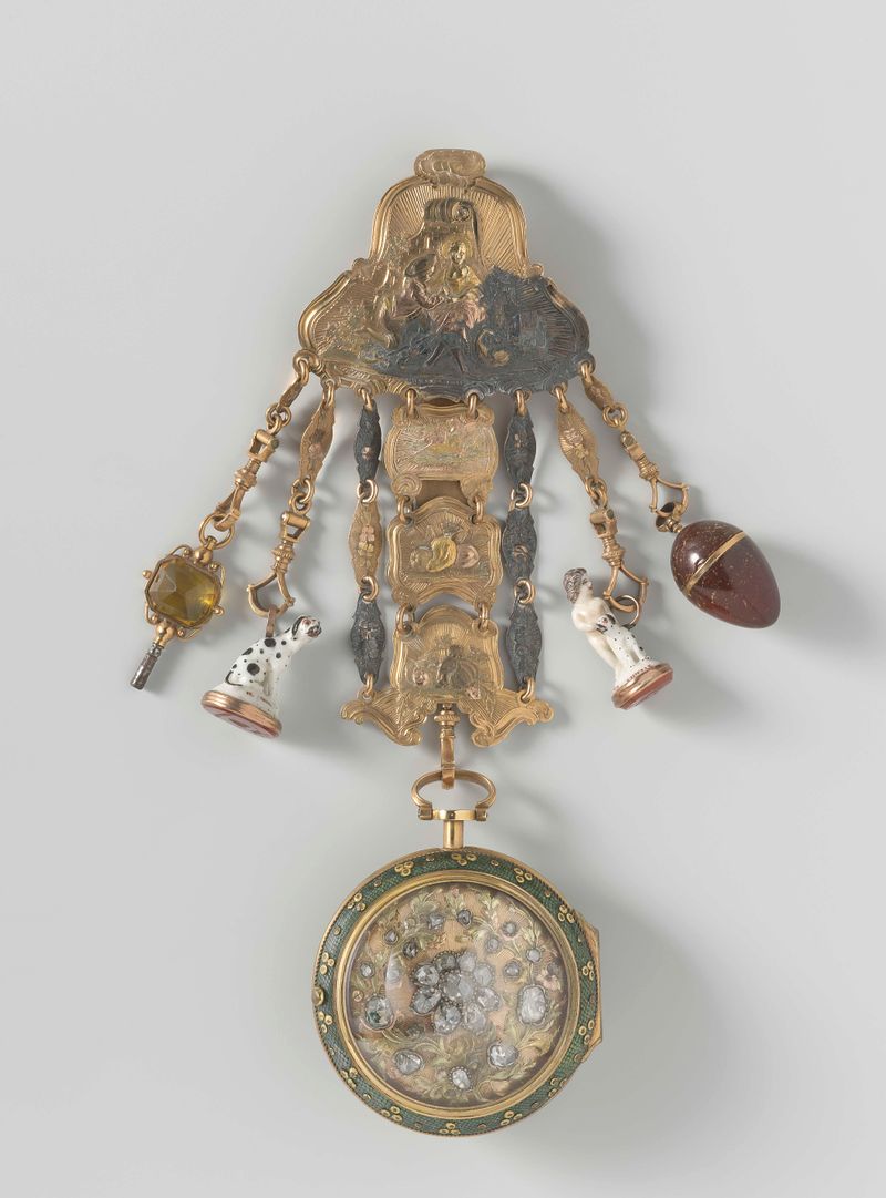 Reloj de bolsillo en metal de Jean Baptiste Baillon con flores de oro y diamantes.