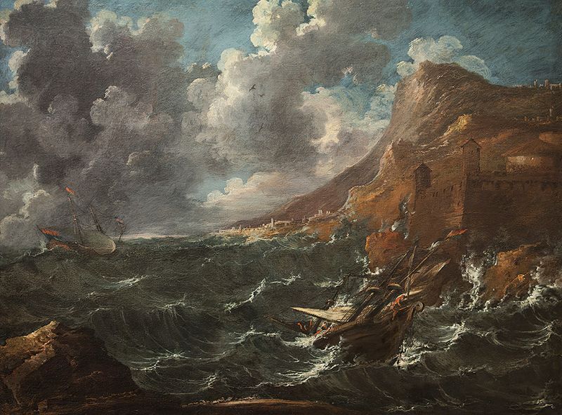 Ships in a Gale, oil on canvas by Marco Ricci, depicting ships battling tumultuous waves