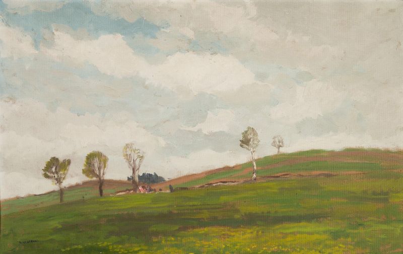 Landscape fin the vicinity of Kameničky, oil on canvas by Gustav Macoun depicting serene hills at dawn.