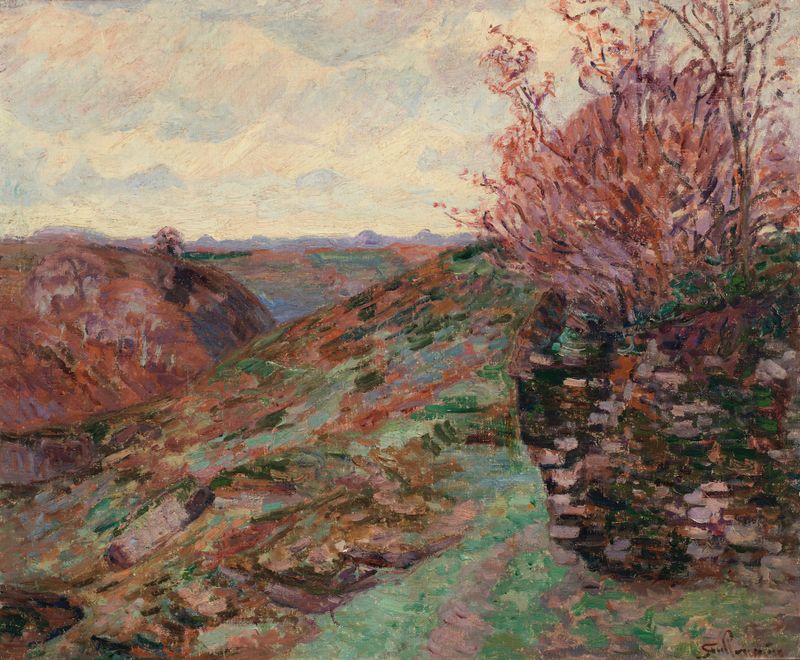 Paisaje de Armand Guillaumin, pintura al óleo que representa un prado al atardecer.