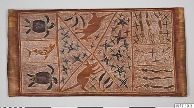 Bark painting by Mutitjpuy Mununggurr featuring earthy tones and intricate patterns.