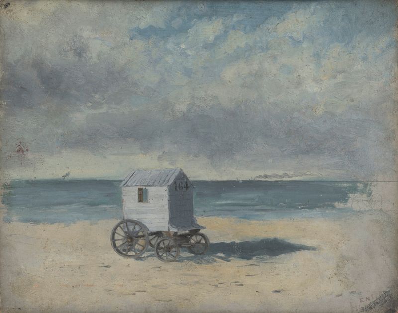 Cabana de Banho na Praia de James Ensor, óleo sobre tela que retrata uma cena de praia com uma cabana e cores vivas.