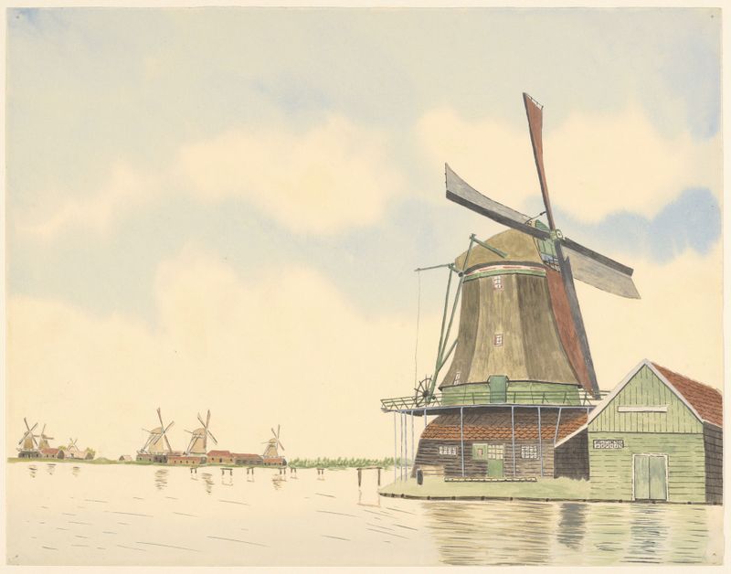 Paisagem com um moinho e nuvens em espiral, pintura a óleo de Johannes Nicolaas Eijman