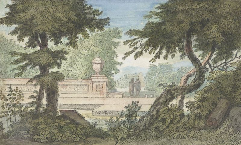 Arcadisch landschap de Jacob van Liender, óleo sobre tela que retrata uma paisagem tranquila com colinas e folhagem.