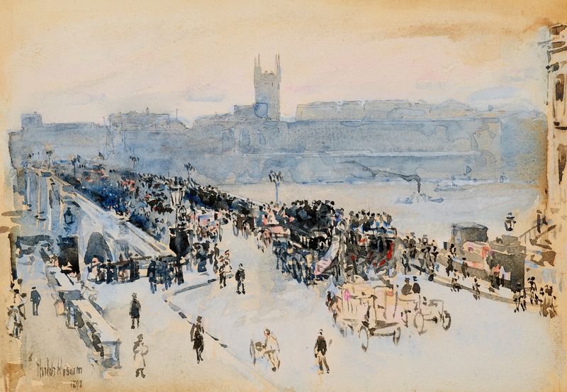 London Bridge de Childe Hassam, impresionismo, representando una escena urbana bulliciosa, pintura al óleo