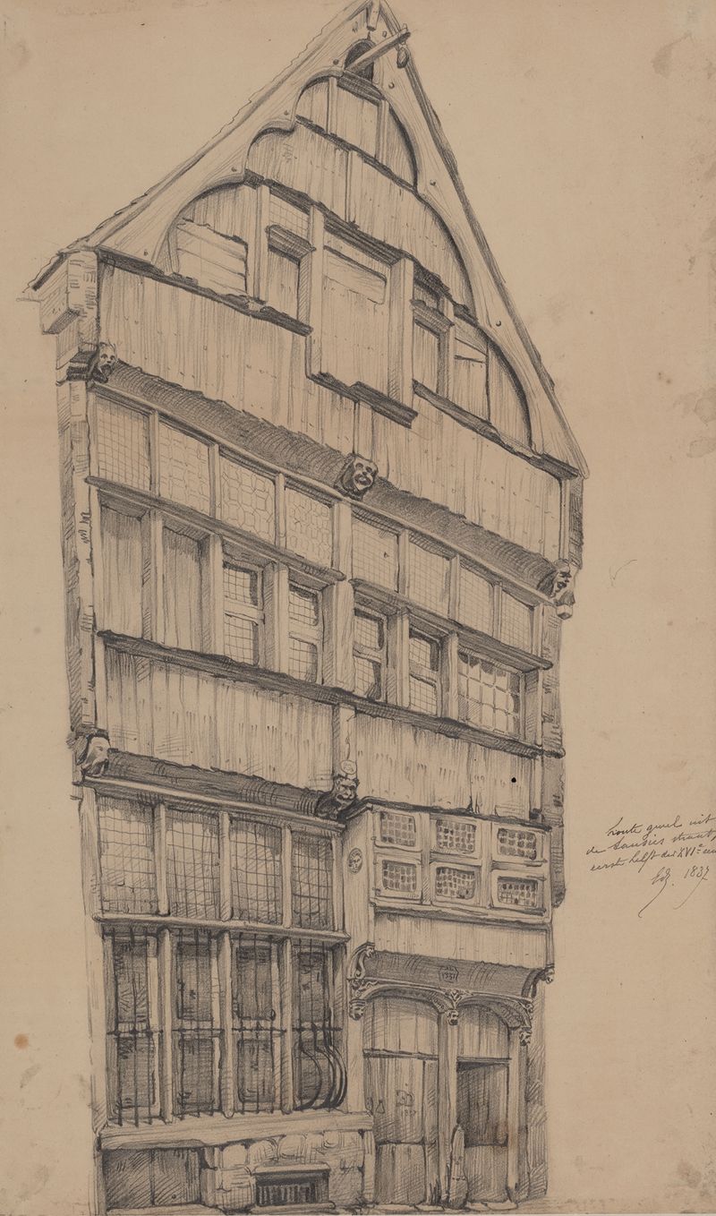Houten gevel in de Saucierstraat by Edward Dujardin, oil on canvas depicting a weathered facade.