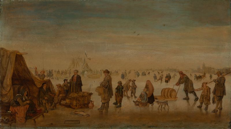 Genre scene with figures skating on ice, oil painting by Arent Arentsz. Cabel