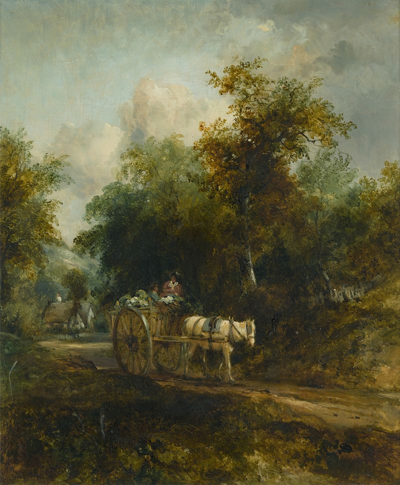 Escena de género que muestra un carro de mercado lleno de productos, óleo sobre lienzo de Frederick William Watts