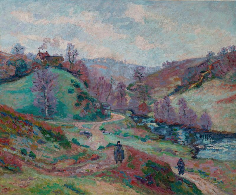 Le Pont Charraud, Creuse de Armand Guillaumin, óleo sobre lienzo que muestra un paisaje vibrante con un puente.