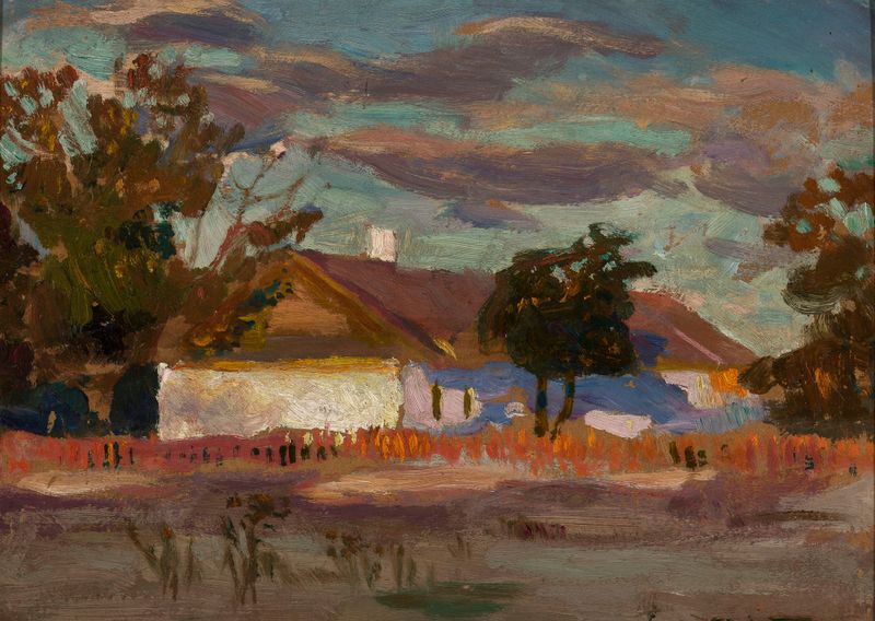 Paisaje impresionista con una casa a la luz del sol de Jan Stanisławski, pintura al óleo