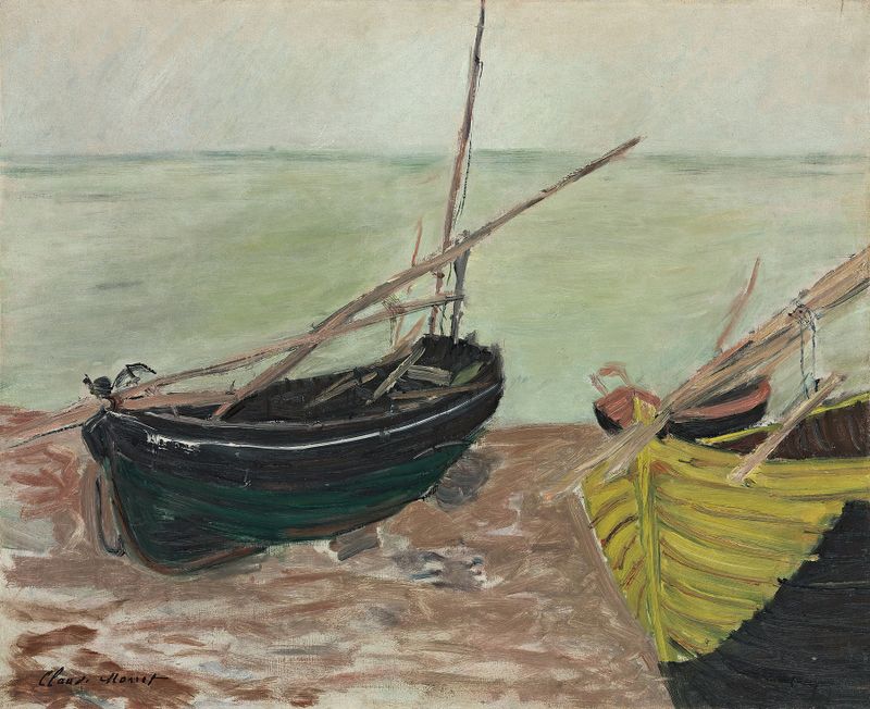 Étude de bateaux sur la plage d’Étretat de Claude Monet, pintura a óleo que mostra barcos na praia.