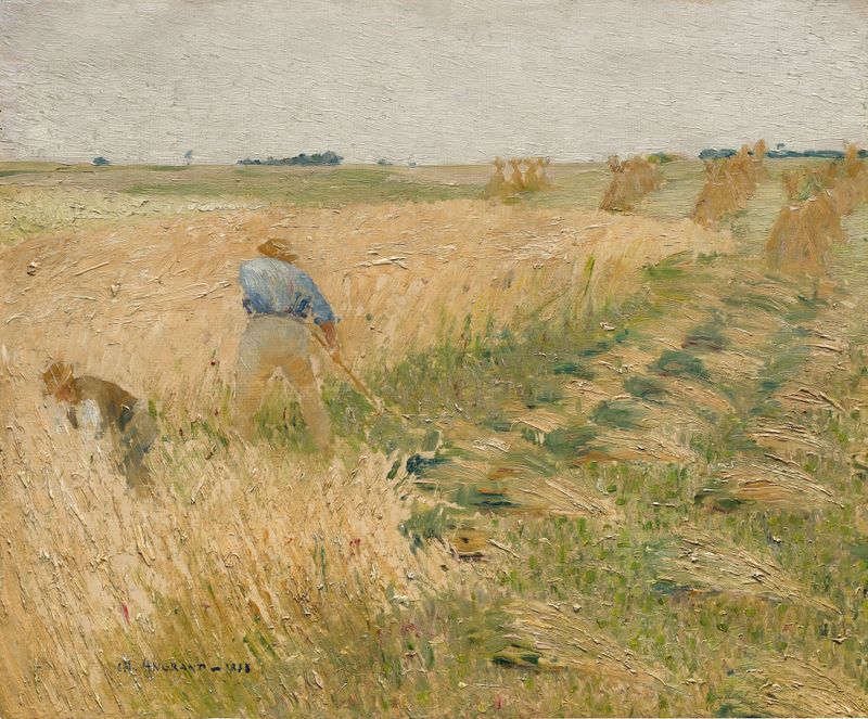 Les Faucheurs by Charles Angrand, oil on canvas showing laborers in a wheat field.