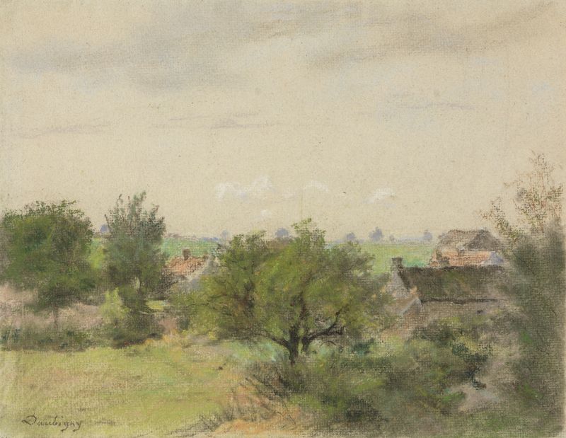 Landschaft mit Häusern zwischen Bäumen de Charles François Daubigny, pintura al óleo que representa un paisaje sereno con ...