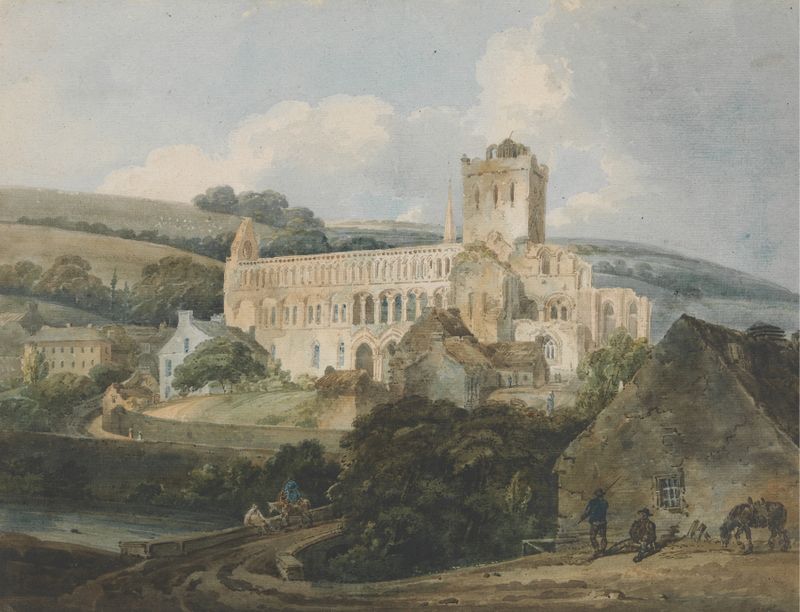 Acuarela de Thomas Girtin que representa las ruinas de Jedburgh Abbey en un paisaje brumoso