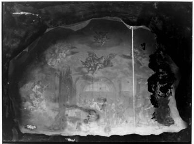 Pintura neoclásica que muestra soldados en un templo ante un santo del artista