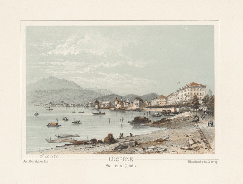 Lucerne Vue des Quais de Jean Jacottet, óleo sobre lienzo que muestra aguas tranquilas y montañas.
