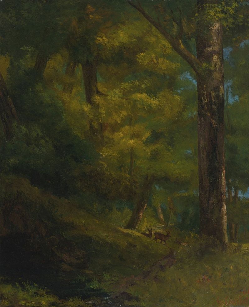 Pintura al óleo de Gustave Courbet que muestra dos ciervos en un bosque tranquilo