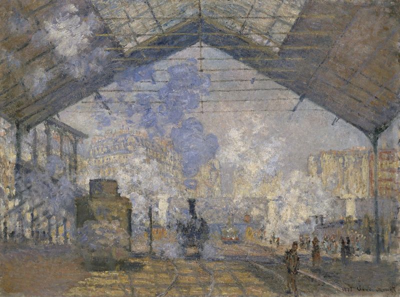 The Saint-Lazare Station by Claude Monet, oil painting of a bustling train station.