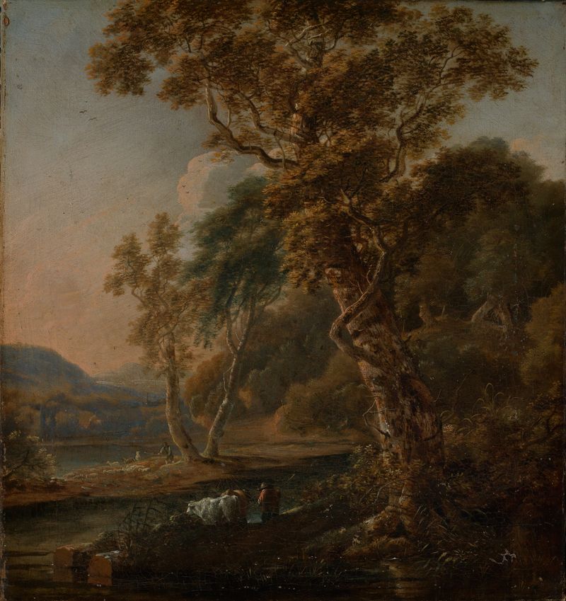 Landscape with hills and a colorful sky, oil painting by Joris van der Haagen