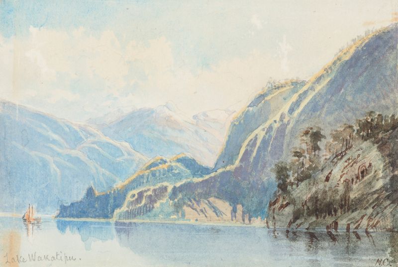 Lake Wakatipu landscape by Nicholas Chevalier, oil on canvas