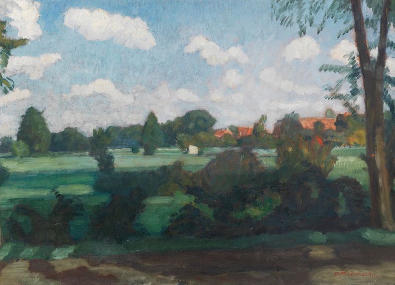 Landscape of green grass and sunlight by Otto Modersohn, oil painting