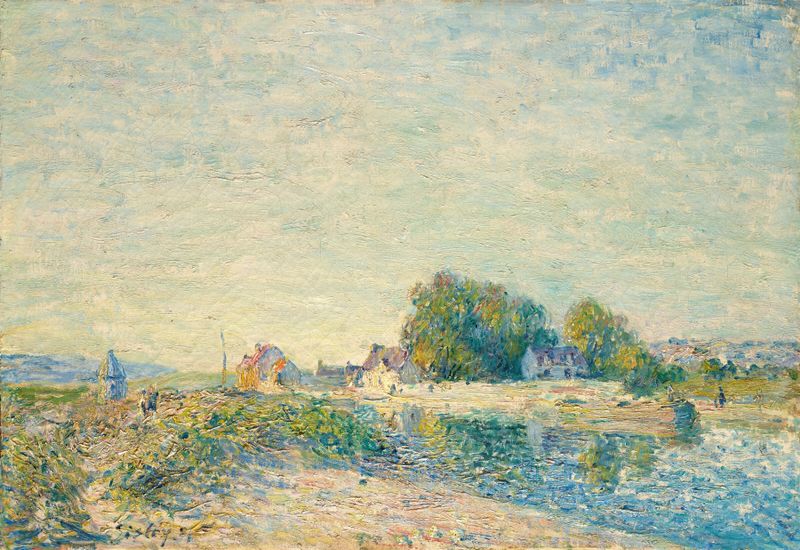 Le Barrage du canal du Loing à Saint-Mammès de Alfred Sisley, pintura a óleo de uma paisagem tranquila com um rio.