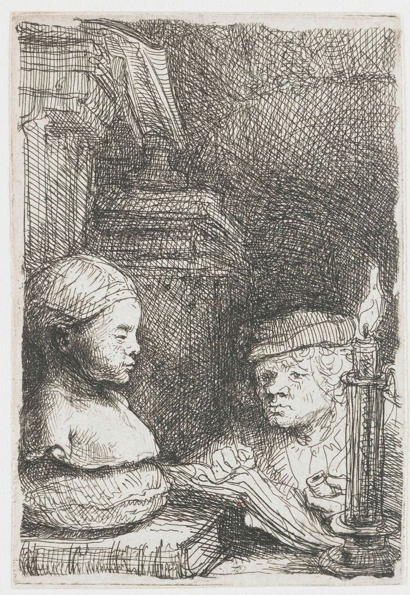 Etching by Rembrandt van Rijn of a young man drawing a plaster cast at a table.