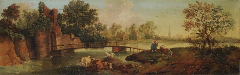 Landscape in the Morning by Franz Feyerabend, oil painting depicting gentle hills under a golden sky.