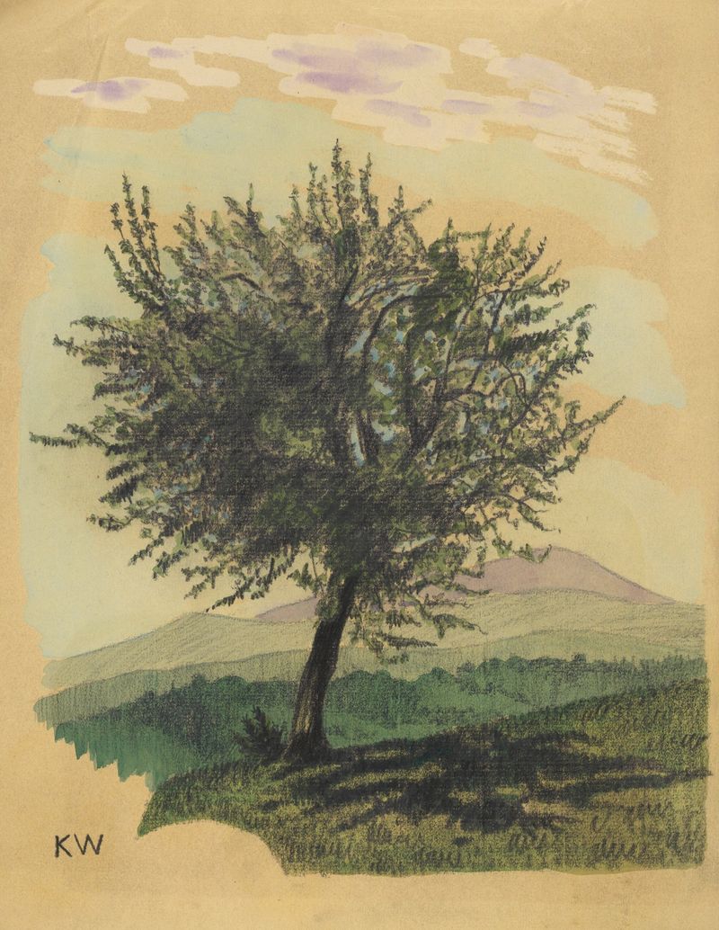 Paisaje con un árbol y follaje vibrante de Karl Wiener, pintura al óleo.
