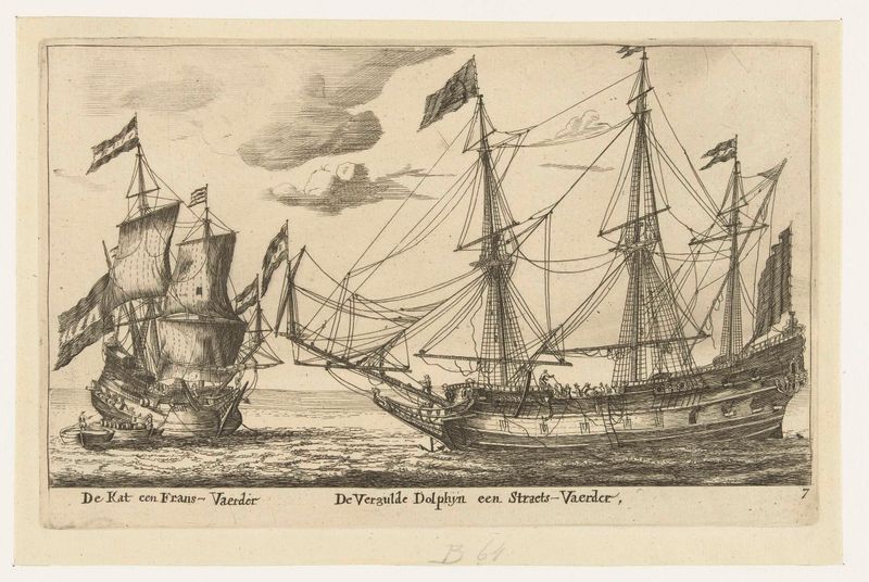 Gravura de Unknown Artist mostrando dois navios, De Vergulde Dolfijn e De Kat, no mar