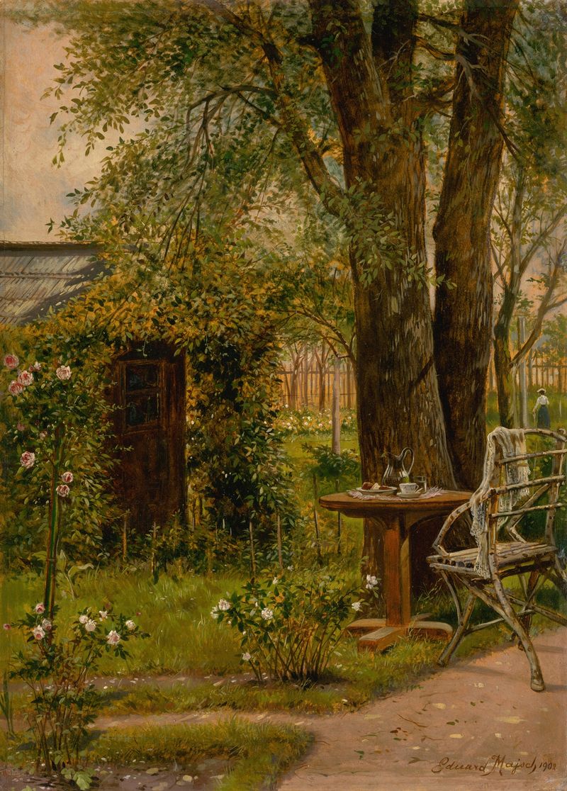 Garden with a Table by Eduard Majsch, impressionism, depicts a serene garden scene.