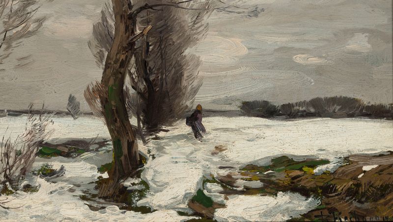 Winter landscape by Roman Kazimierz Kochanowski, oil on canvas depicting a snowy forest.