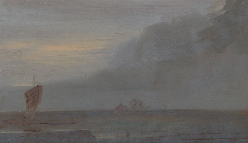 Seapiece with Boats- Evening, pintura a óleo de Unknown Artist, apresentando barcos com velas sob a luz da noite.