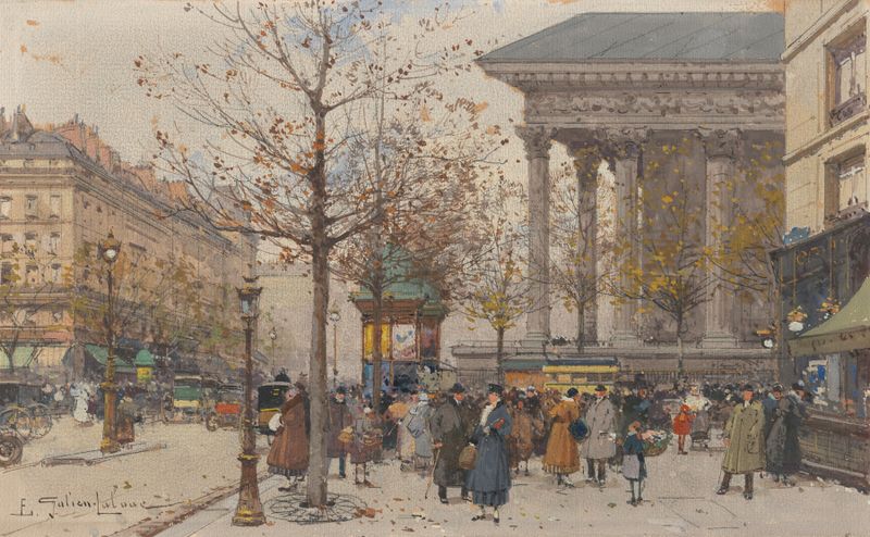 Genre scene of bustling Paris streets in oil painting by Eugène Galien-Laloue