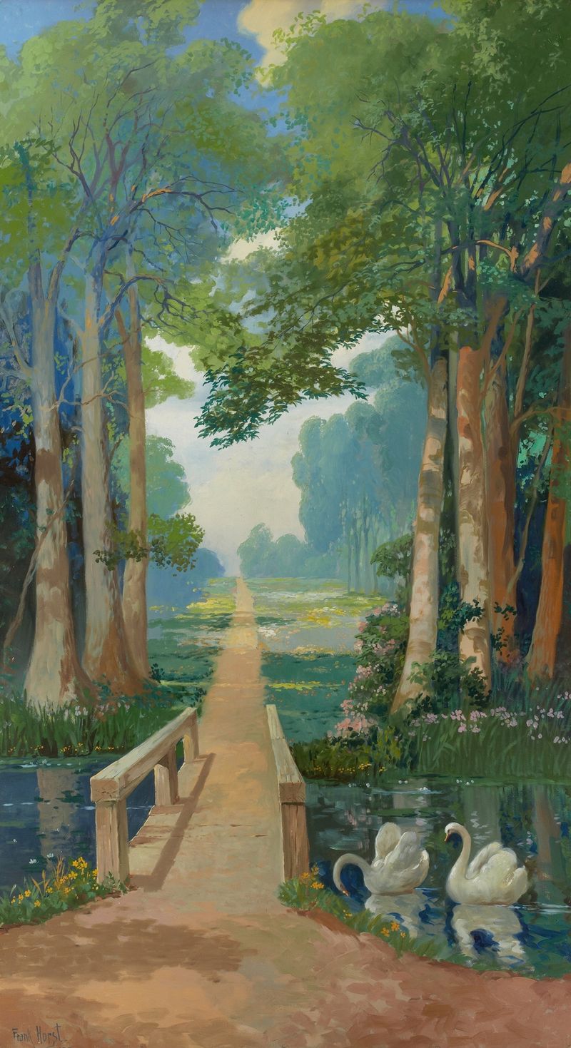 Country Path de Franz Strahalm, óleo sobre lienzo que representa un camino serpenteante entre la vegetación exuberante