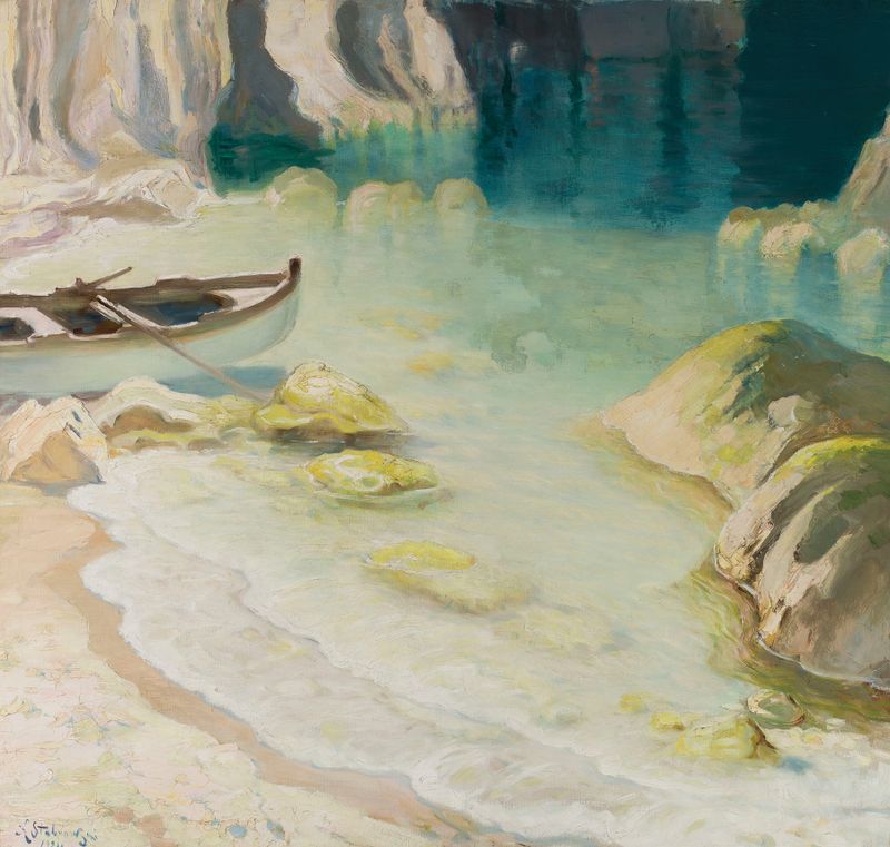 Boat at rocky coast, oil on canvas by Kazimierz Stabrowski, showing jagged rocks and flowing sea.