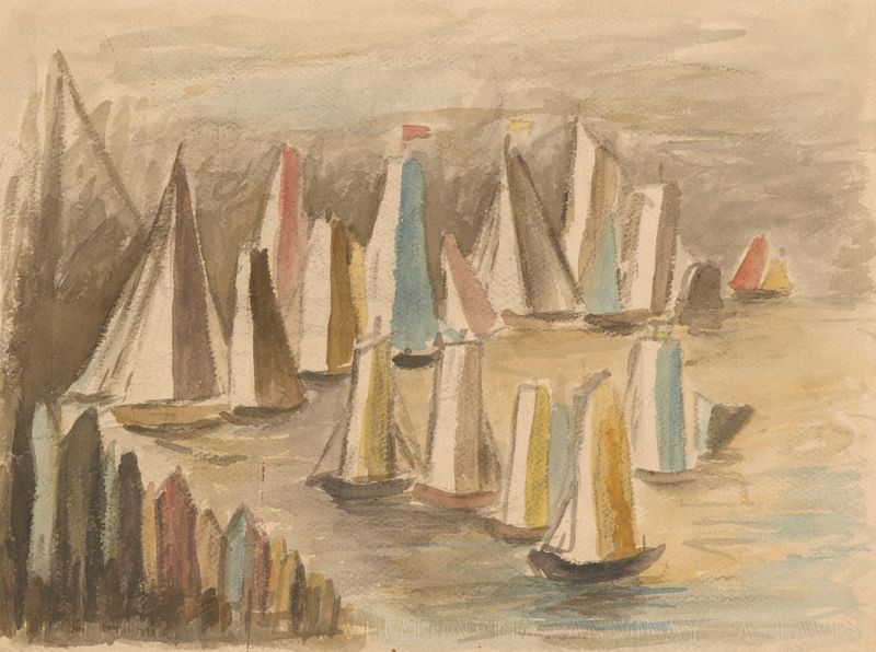 Żaglówki de Tadeusz Makowski, óleo sobre tela retratando veleiros em água tranquila.