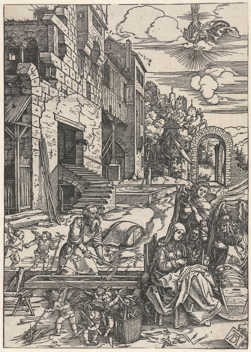 De Heilige Familie in Egypte, grabado de Albrecht Dürer, mostrando a María y al niño Jesús en un abrazo.