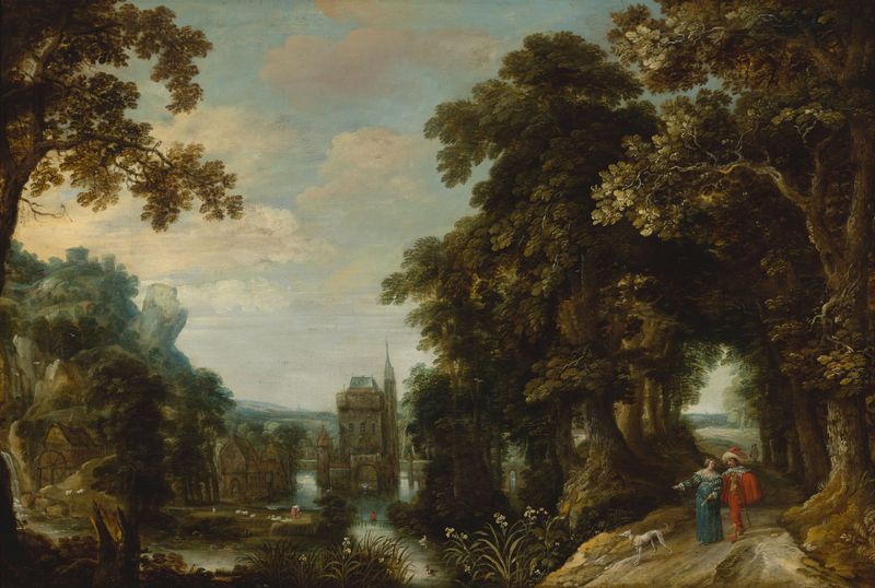 Paisaje con un callejón y castillo sobre el agua, óleo sobre lienzo de Jacques van der Wijen