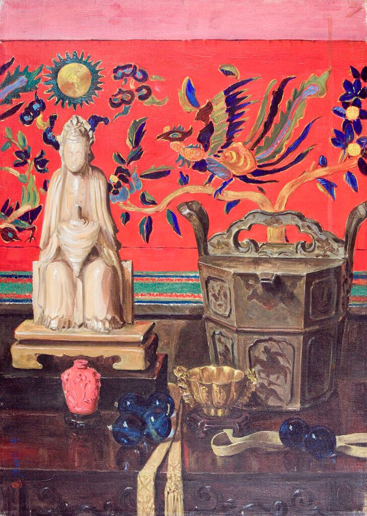 Naturaleza muerta con una figurita, pintura al óleo de Kanji Nakamura