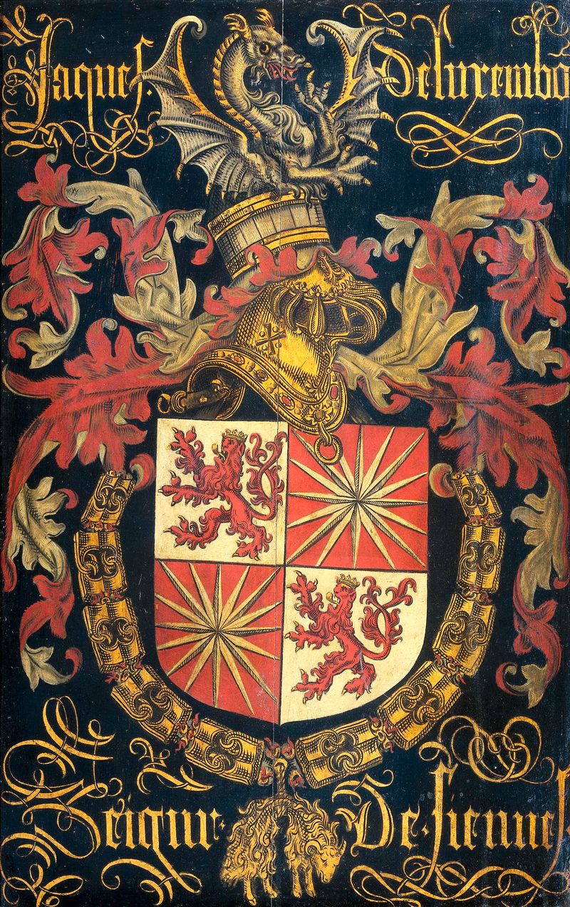 Shield of Jacob of Luxemburg, oil on panel by Pierre Coustain, featuring ornate armor and noble colors.