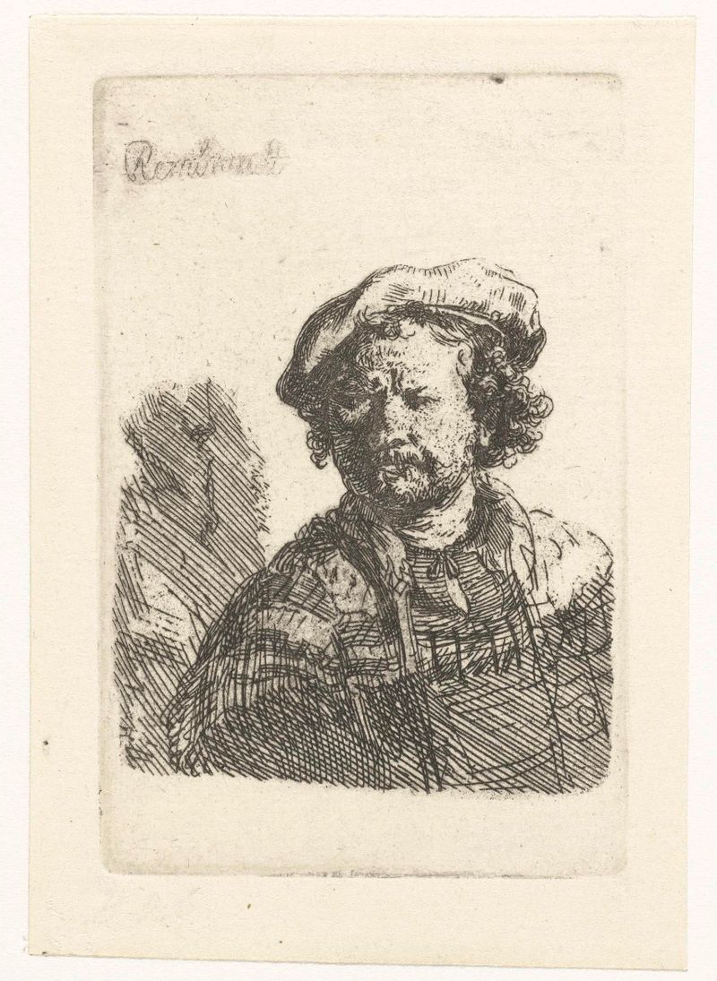 Autorretrato com boné e vestido bordado de Rembrandt van Rijn, gravura