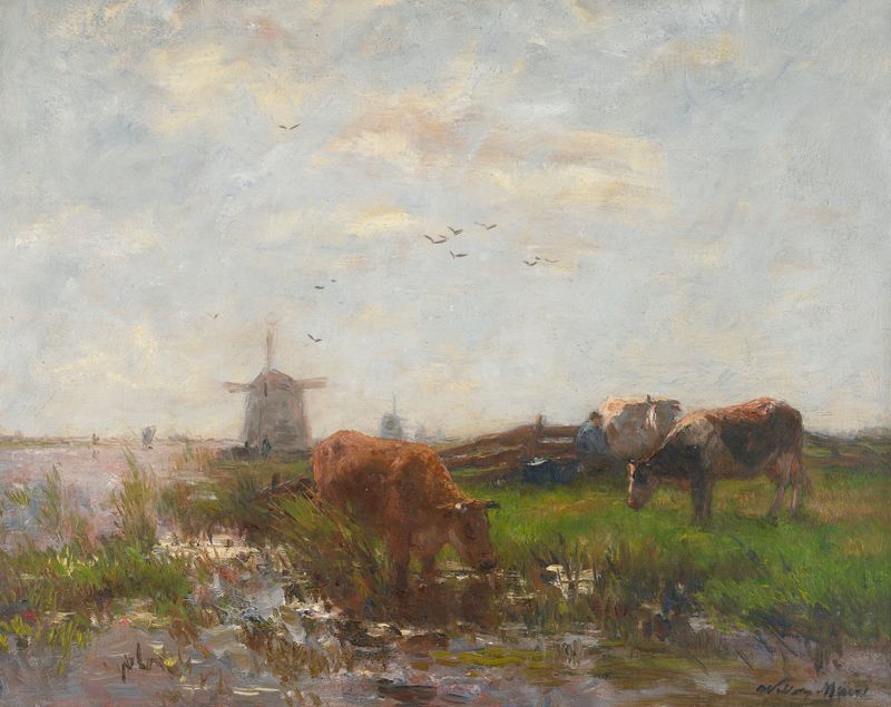 Cattle Grazing at the Water’s Edge, oil painting by Willem Maris, depicting cattle near a river.