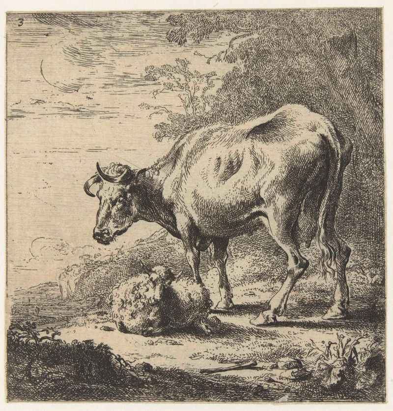 Koe en schaap de Nicolaes Pietersz Berchem, grabado que muestra ganado y ovejas en un paisaje pastoral